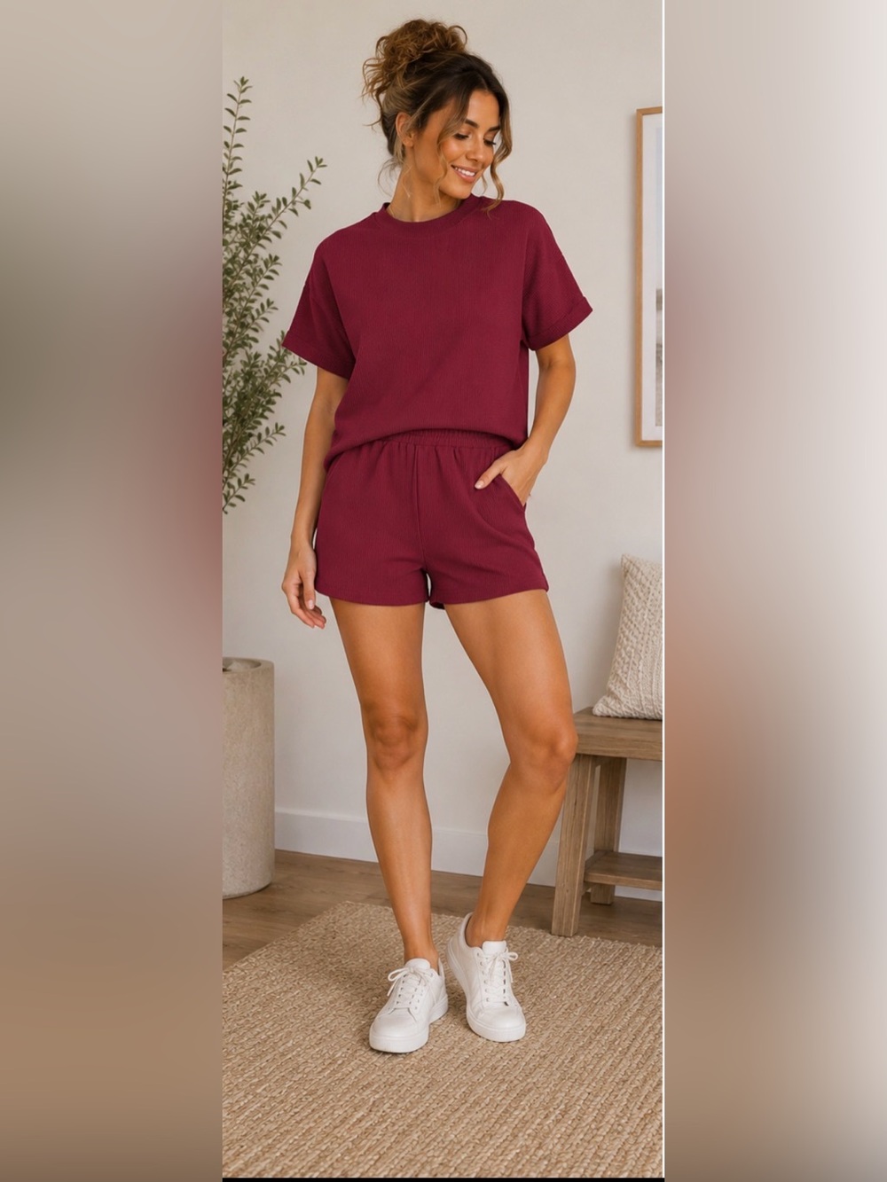Zenana Cabernet Ribbed Lounge Set NWT | 2 Piece Round Neck Short Set Size Large